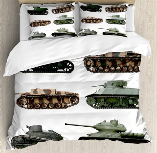 War Home Decor Duvet Cover Set, Second World War Armoured Tanks Camouflage Military Power Artillery Weapon, Queen - Full, Green White