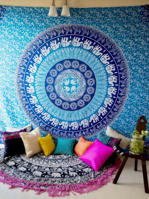 best college dorm bedding - Hippie Elephant Mandala Tapestry Wall Hanging, Blue Bohemian Art , College Dorm Room Accessories Boho Bed Cover