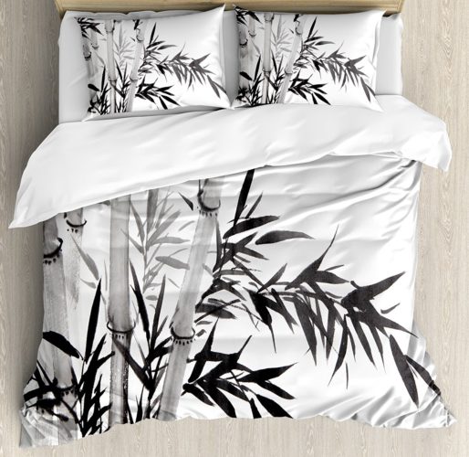 Ambesonne Bamboo Duvet Cover Set King Size, Bamboo Tree Illustration Traditional Chinese Calligraphy Style Asian Culture, Decorative 3 Piece Bedding Set with 2 Pillow Shams, Charcoal Grey White