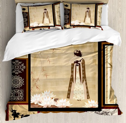 Ambesonne Japanese Duvet Cover Set, Girl in Traditional Dress and Cultural Patterns Ornaments Antique Eastern Collage, 3 Piece Bedding Set with Pillow Shams, Queen-Full, Multicolor