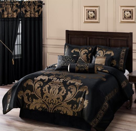 Chezmoi Collection 7-Piece Jacquard Floral Comforter Set Bed-in-a-Bag California King, Black-Gold