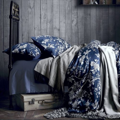 Eastern Floral Chinoiserie Blossom Print Duvet Quilt Cover Navy Blue Tan White Asian Style Botanical Tree Branches Ornamental Drawing 400TC Egyptian Cotton 3pc Bedding Set (King)