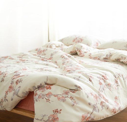 Oriental Comforter Set - Garden Chinoiserie Floral Duvet Quilt Cover Asian Porcelain Style Tree Blossom and Birds Blue and White Watercolor Pattern 300tc Cotton Percale 3pc Bedding Set (Queen, Cream Red)