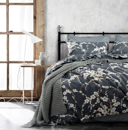 Oriental Comforter Set - Japanese Oriental Style Cherry Red Blossom Floral branches Print Duvet Quilt Cover 300tc Cotton Bedding 3 piece Set (King, Charcoal)