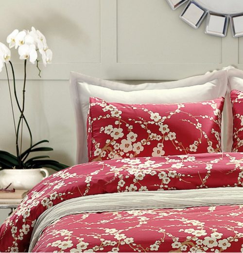 Japanese Oriental Style Cherry Red Blossom Floral branches Print Duvet Quilt Cover 300tc Cotton Bedding 3 piece Set (King)