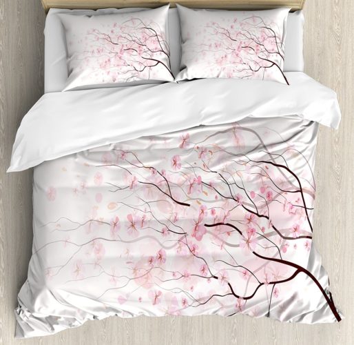 Light Pink King Size Duvet Cover Set by Ambesonne, Artistic Sakura Branch with Cherry Flowers Tender Japanese Spring, Decorative 3 Piece Bedding Set with 2 Pillow Shams, Light Pink Black White