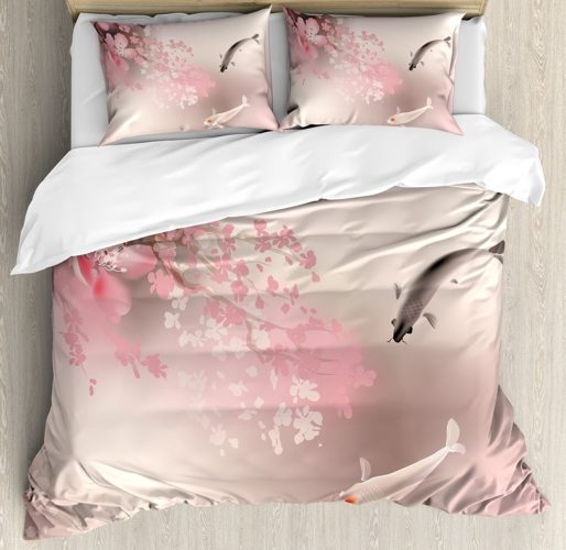 Lunarable Koi Fish Duvet Cover Set Queen Size, Sakura Blossom in Japan with Sacred Creature Asian Culture Lovely Nature Orient, Decorative 3 Piece Bedding Set with 2 Pillow Shams, Light Pink