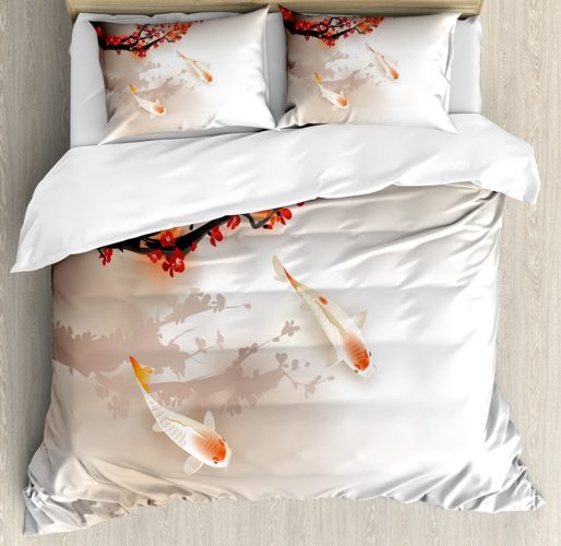 Lunarable Koi Fish Duvet Cover Set Queen Size, Sakura Branch and Leaves Sacred Animals in Small Body of Water Oriental Style, Decorative 3 Piece Bedding Set with 2 Pillow Shams, Peach Black Red