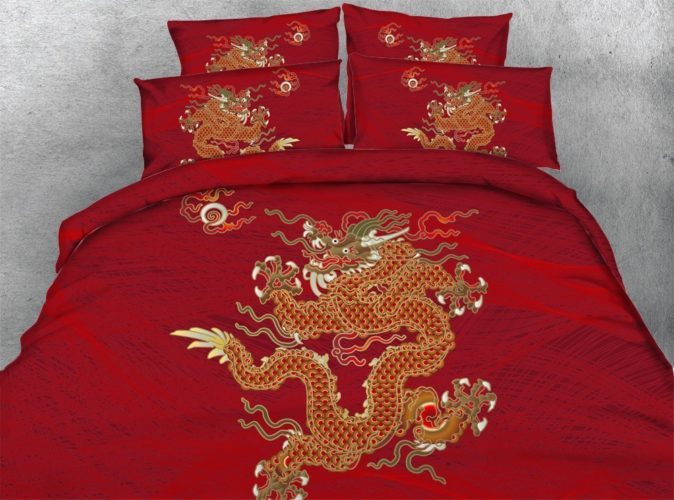 Newrara 3d Digital Bedding 3D Oriental Golden Dragon Printed Cotton and Tencel 4 Piece Red Duvet Cover Sets (Full, Red)