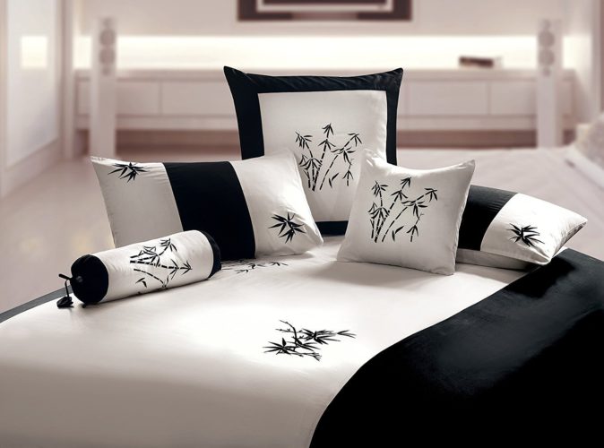 Orient Sense - Black and White King Duvet 3 piece Cover Set Zen Garden Embroidered Oriental Bamboo Style Design 100% Cotton Sateen
