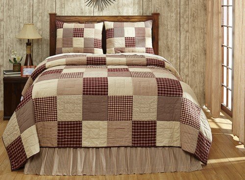 Cheston Patchwork Block Queen Quilt Set with 2 Standard Shams - Primitive Country Burgundy
