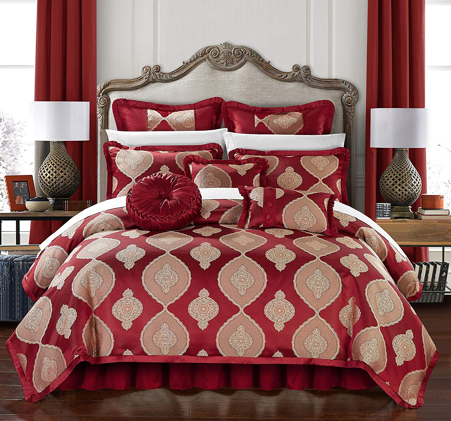 Chic Home Jamay 9 Piece Comforter Set Jacquard Scroll Faux Silk Bedding with Pleated Flange - Bed Skirt Decorative Pillows Shams Included, King Red