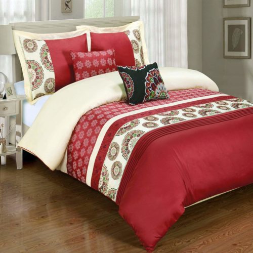 Deluxe Reversible Chelsea Comforter Set, 100% Cotton 300 Thread Count Bedding, woven with superior single-ply yarn. 6 Piece Full - Queen Size Comforter Set, Red and Ivory