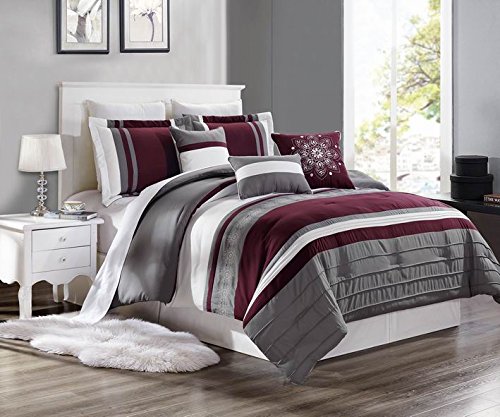EMPIRE 7 Piece Maroon & Silver Oversized Embroidered Cotton Touch Comforter Set (Queen Size)