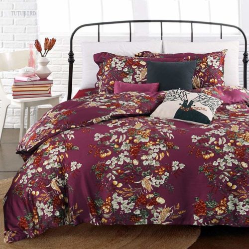 Eikei Shabby Chic French Country Garden Floral Duvet Quilt Cover by, Colorful Blossom Fruit Print Reversible Cotton Bedding Set Cottage Style Blooming Orchard Meadow Flowers (Queen, Burgundy)