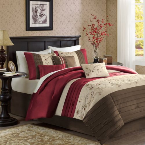 Madison Park Serene Queen Size Bed Comforter Set Bed In A Bag - Red, Embroidered – 7 Pieces Bedding Sets – Faux Silk Bedroom Comforters