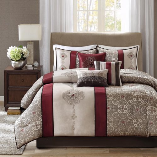 Red and Beige Cream Bedding Comforter Set Bed In A Bag - Taupe, Burgundy, Jacquard Pattern – 7 Pieces Bedding Sets – Ultra Soft Microfiber Bedroom Comforters