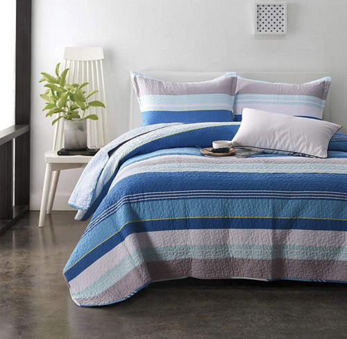 Modern Striped Bedding Set - Brandream Blue Grey Bedding Striped Bedding Set 100% Cotton Bed Quilt Set Queen Size 3Pcs,Reversible