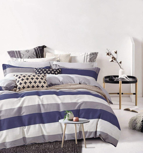 Modern Striped Bedding Set - Cabana Stripe Modern Duvet Cover 100-Cotton Twill Bedding Set Geometric White and Navy Distressed Rugby Stripes Print in Dusty Blue Shades Reversible (Queen, Dusty Blue Raisin) at lux comfy bedding