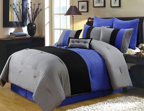 Chezmoi Collection 6 Pieces Luxury Striped Comforter Set (Twin, Gray Black Blue)