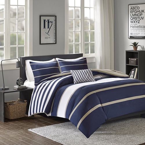 Comfort Spaces - Verone Comforter Set - 3 Piece - White, Navy, Khaki - Stripes - Perfect For College Dormitory, Guest Room - Twin Twin XL Size, includes 1 Comforter, 1 Sham, 1 Decorative Pillow at lux comfy bedding