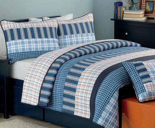 Cozy Line Home Fashions Business Ink Quilt Bedding Set, Navy Orange Grid Striped Print 100% COTTON Reversible Coverlet Bedspread, Gifts for Boy Men Him (Navy Orange, Queen - 3 piece) at lux comfy bedding