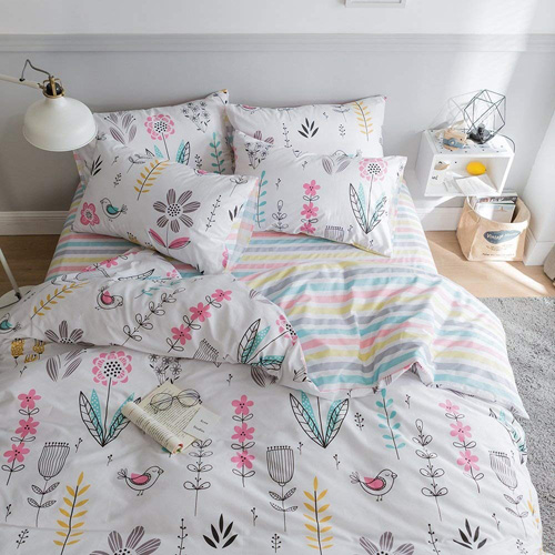 HIGHBUY Floral Printed Pattern Kids Duvet Cover Sets Twin Cotton Light Green Fresh Style Garden Bedding Sets 3 Piece for Boys Girls Reversible Striped Bedroom Collections Twin,Style03 at lux comfy bedding