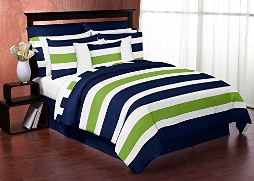 Sweet Jojo Designs 4-Piece Navy Blue Lime Green and White Stripe Teen Boys Twin Bedding Set Collection at lux comfy bedding