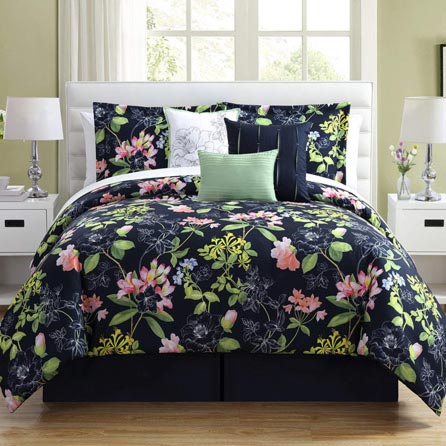 7 Piece Girls Floral Theme Comforter Set Queen Size, All Over Elegant Abstract Wild Flowers Pattern, Stylish Boho Chic Multi Color Motif Print, Hippy Indy Bohemian Style, Vibrant Navy Blue Pink Green