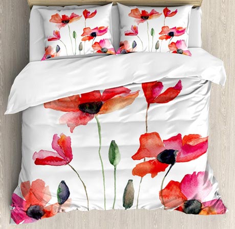 Ambesonne Watercolor Flower Duvet Cover Set Queen Size, Poppies Wildflowers Nature Meadow Painting with Watercolor Effect, Decorative 3 Piece Bedding Set with 2 Pillow Shams, Green Orange Pink