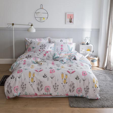 BuLuTu Floral Bird Print Pattern Girls Duvet Covers Queen White Premium Cotton Spring Blossom Colorful Reversible Kids Bedroom Comforter Cover Full Bedding Sets Zipper for Teen Toddler,NO Comforter