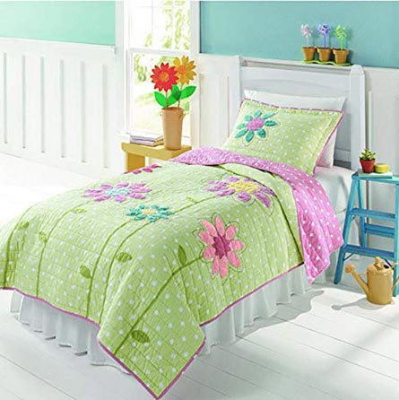CASOFU Floral Print Girls Quilt Set, Green Premium Cotton Sunflower Bedding Sets, Reversible 100% Cotton Twin Boys Bedding Sets, Embroidered Quilted Bedspreads (Twin)