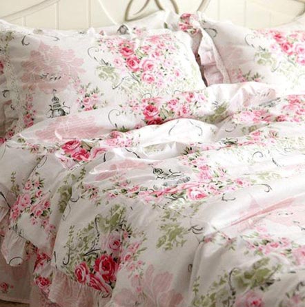 FADFAY Duvet Cover Set Queen Elegant and Shabby Pink Rosette Floral Bedding with Hidden Zipper Closure 100% Cotton with Floral Bedskirt 4 Pieces Queen Size