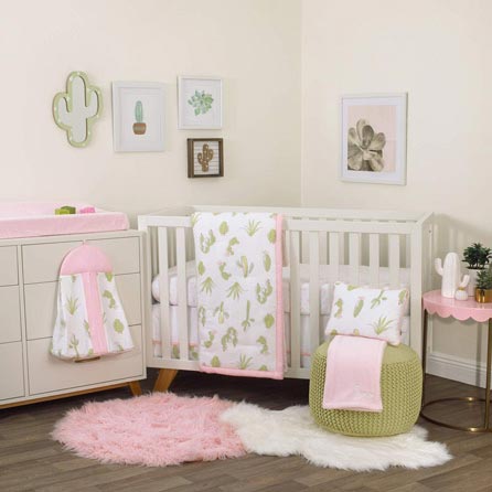 NoJo Dreamer Cactus 8 Piece Nursery Crib Bedding Set, Pink and Green bedding sets at LuxComfyBedding.com