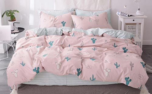 Pink Duvet Cover Queen Cactus Duvet Cover Kids Cotton Cartoon Duvet Cover Full Stripes Girls Duevt Cover Cotton 3 Pieces Plant Cacti Bedd Set for Teens Kids,NO Comforter NO Sheet