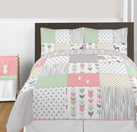 Sweet Jojo Designs 3-Piece Coral, Mint and Grey Woodsy Deer Girls Full/Queen Bedding Set