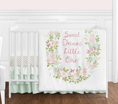 Sweet Jojo Designs Blush Pink, Mint and White Shabby Chic Butterfly Floral Baby Girl Crib Bedding Set Without Bumper - 4 Pieces - Watercolor Rose