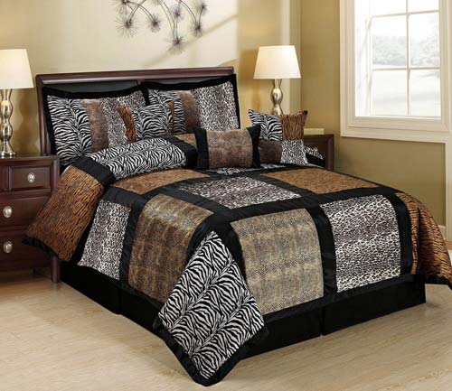 7 Piece MARTEN Fuax Fur Safari Patchwork Comforter Set- Queen King Cal.King Size (Queen, multicolor)