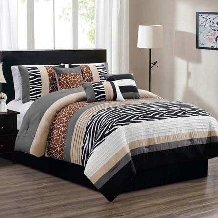 7 Piece Queen Size Safari Bed in A Bag Animal Print Zebra, Giraffe Comforter Set - Bedding in Brown, Beige, Black, White and Grey. Perfect for Any Bed Room or Guest Room at luxcomfybedding.com