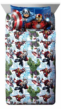 Marvel Avengers Heroic Age Blue-White 3 Piece Twin Sheet Set with Captain America, Thor, Ironman & Hulk at Lux Comfy Bedding