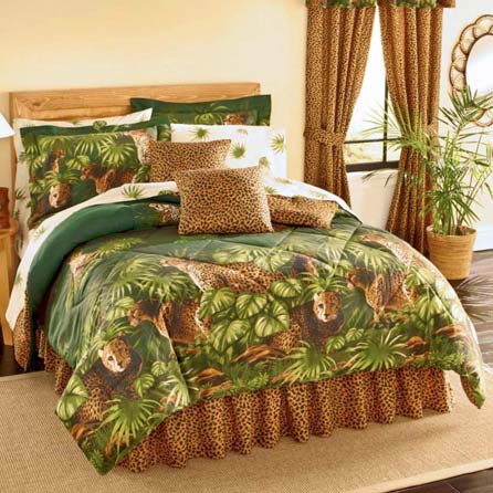 Safari CHEETAH LEOPARD CATS Comforter & Sheet Set With Palm Leaf Foliage (8pc Queen Size(86x86) Bed In A Bag Set) at luxcomfybedding.com
