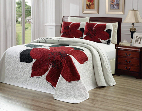 3-Piece Fine printed Oversize (115 X 95) Quilt Set Reversible Bedspread Coverlet KING CAL KING SIZE Bed Cover (Burgundy Red, Black, White, Floral)