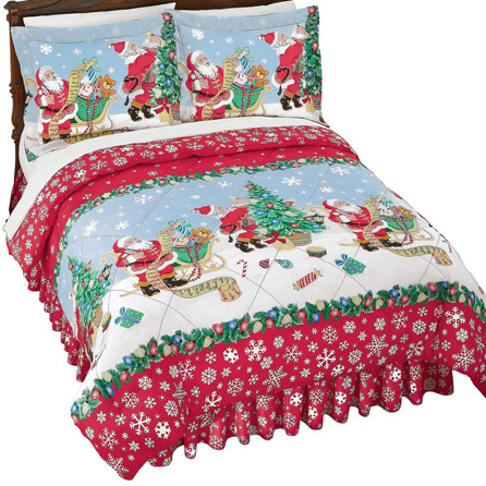 Collections Etc Vintage Santa with List and Presents Christmas Comforter Set with Pillow Shams and Matching Bed Skirt, Queen