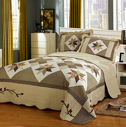 HNNSI 3 Piece Cotton Quilt Bedspread Sets Queen Size, Patchwork Design Comforter Coverlet Bedding Sets (Style1)