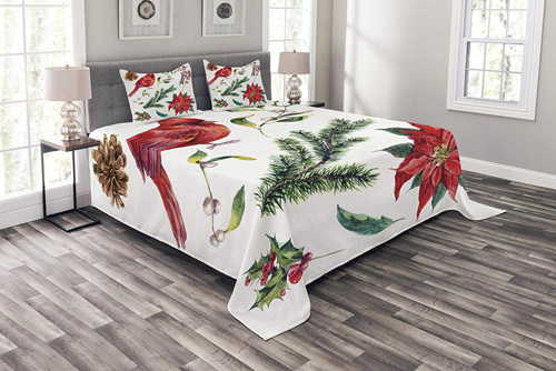 Lunarable Cardinal Bedspread, Watercolor Christmas Flora and Fauna Pinecone Spruce Branch and Red Cardinal Bird, Decorative Quilted 3 Piece Coverlet Set with 2 Pillow Shams, King Size, Red Green