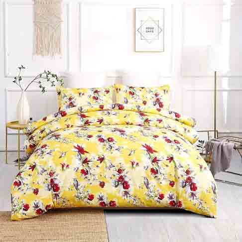 DaDa Bedding Radiant Sunshine Duvet Cover - Yellow Floral Hummingbirds with Pillow Cases - Bright Vibrant Multi-Colorful Red Flowers - Very Soft Comforter Cover with Corner Ties - Queen - 3-Pieces