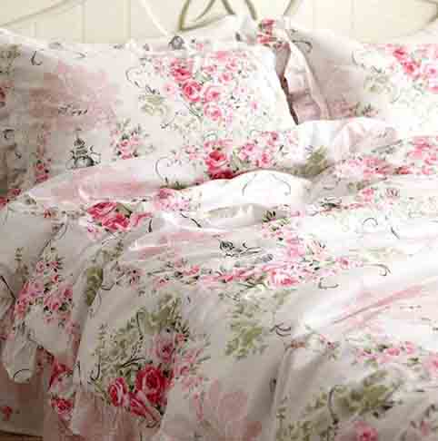 FADFAY Duvet Cover Set Queen Elegant and Shabby Pink Rosette Floral Bedding with Hidden Zipper Closure 100 percent Cotton with Floral Bedskirt 4 Pieces Queen Size
