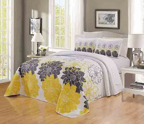 GrandLinen 3-Piece Fine Printed Oversize (100 X 95) Quilt Set Reversible Bedspread Coverlet Queen Size Bed Cover (Sunshine Yellow, White, Grey Floral)