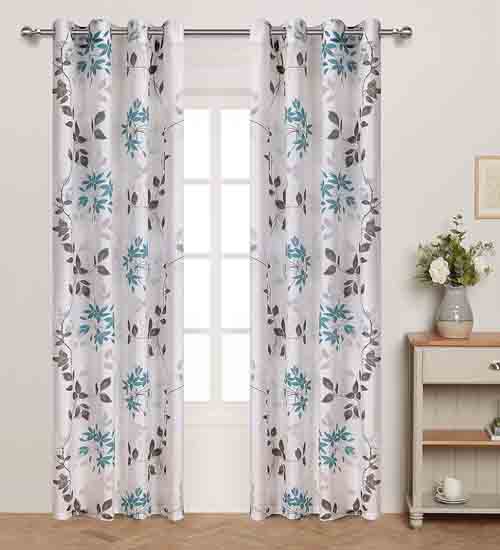 Grommet Top Leaf Floral Sheer Curtains for Spring and Summer Theme Bedroom Burnout white Base With Blue Grey Print Ivy leaves