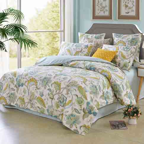 Softta Luxury European Floral Leaves Bedding Green Queen 3 Pcs Baroque Duvet Cover Set 100% Egyptian Cotton 800 Thread Count Blue Yellow Super Soft Hypoallergenic